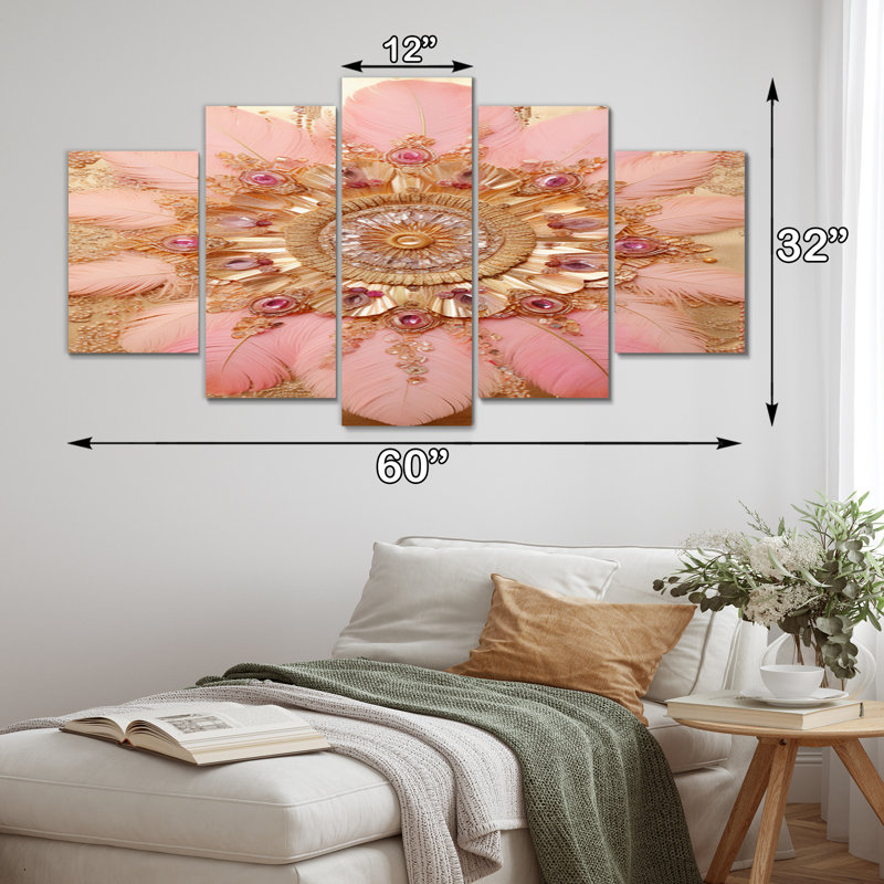 Boho Glam, attrape-rêves rose et doré - impression sur toile de plumes - 5 panneaux