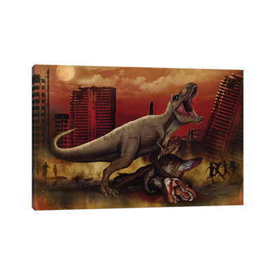 T-Rex battant un dinosaure spinosaurus au combat. par Aram Papazyan - Estampe numérique sur toile tendue avec châssis