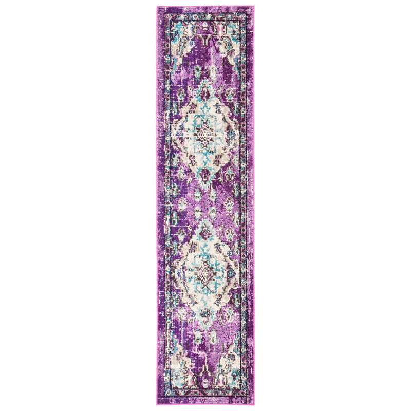 Brynlee Oriental Machine Made Power Loom Polypropylene Area Rug in Lavender/Light Blue, Runner 2' x 8'