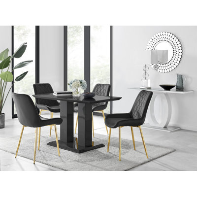 Edzard Double Pedestal High Gloss Dining Table Set with 4 Luxury Velvet Dining Chairs