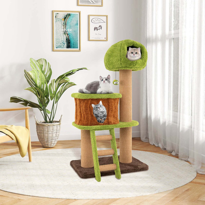  56" Tall Cat Tower With Mushroom-shaped Nest Condo Climbing Ladder Teasing Ball 