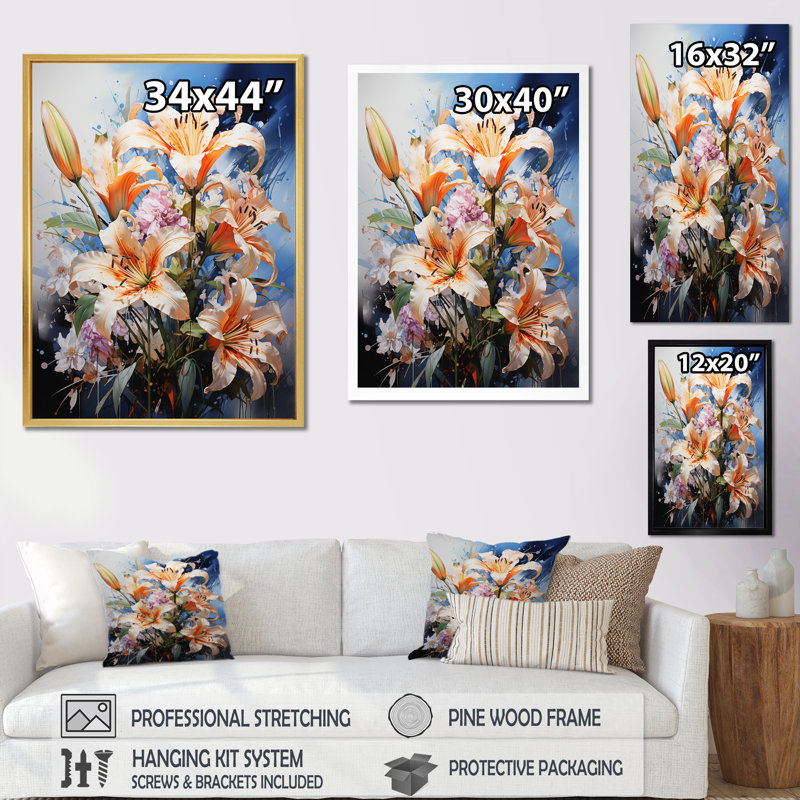 Représentation de lys, acrylique multicolore I sur toile, H 40 po x l 30 po x P 1,5 po