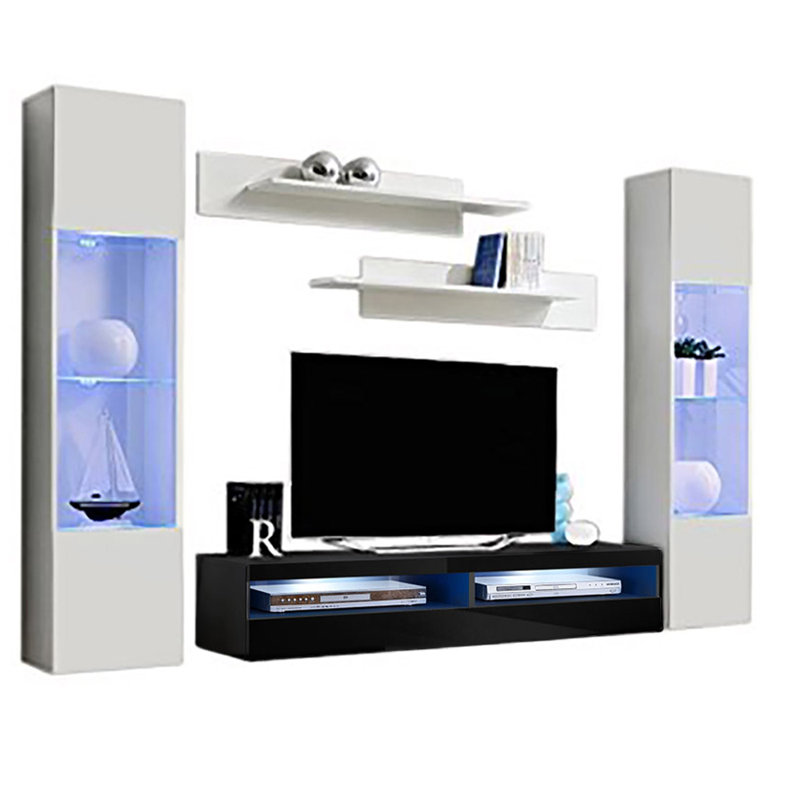 100" Modern Floating Wall Mounted Entertainment Center with 16-Color LED Lighting, High Gloss Finish, White/Black