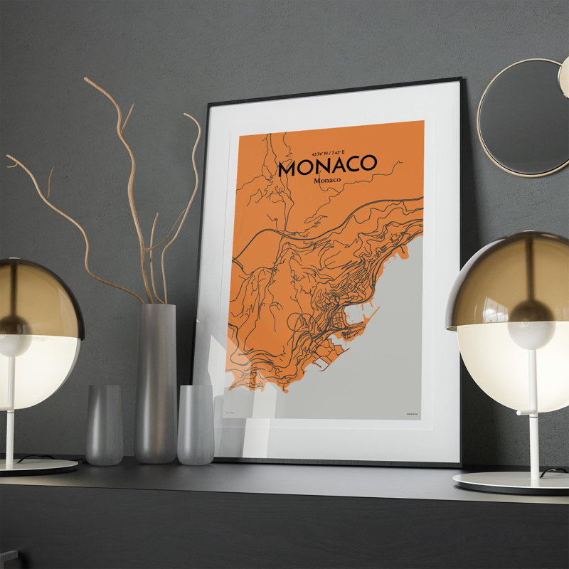 Monaco City Map in Orange 1 Piece Wall Art, 17cm H x 11cm W x 0.05cm D
