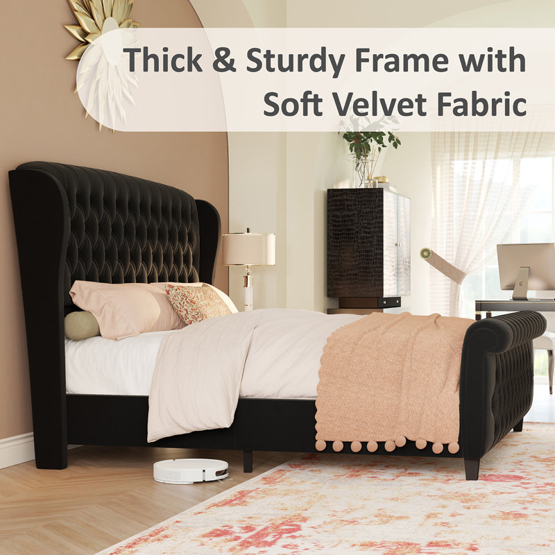 Queen Size Black Velvet Upholstered Tufted Sleigh Bed Frame