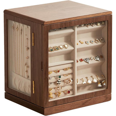Wooden Jewelry Box With Glass Lid, 360Â° Rotating Organizer, 5 Drawers & 12 Necklace Hooks For Earrings, Rings, Necklaces, Jewelry Storage Gift 