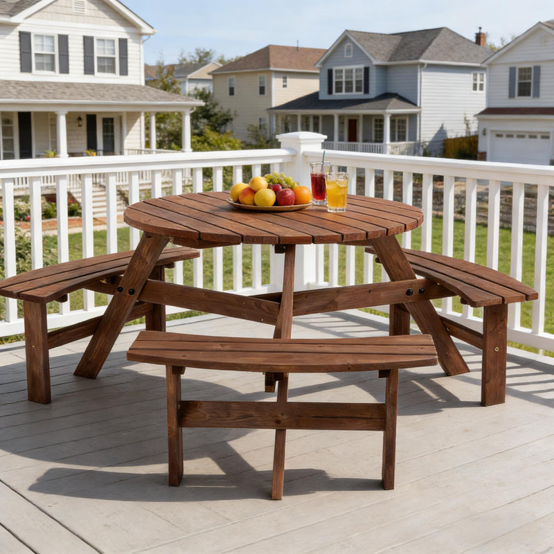 Ensemble de table de pique-nique 6 personnes avec 3 bancs intégrés et trou pour parasol, brun, Brun