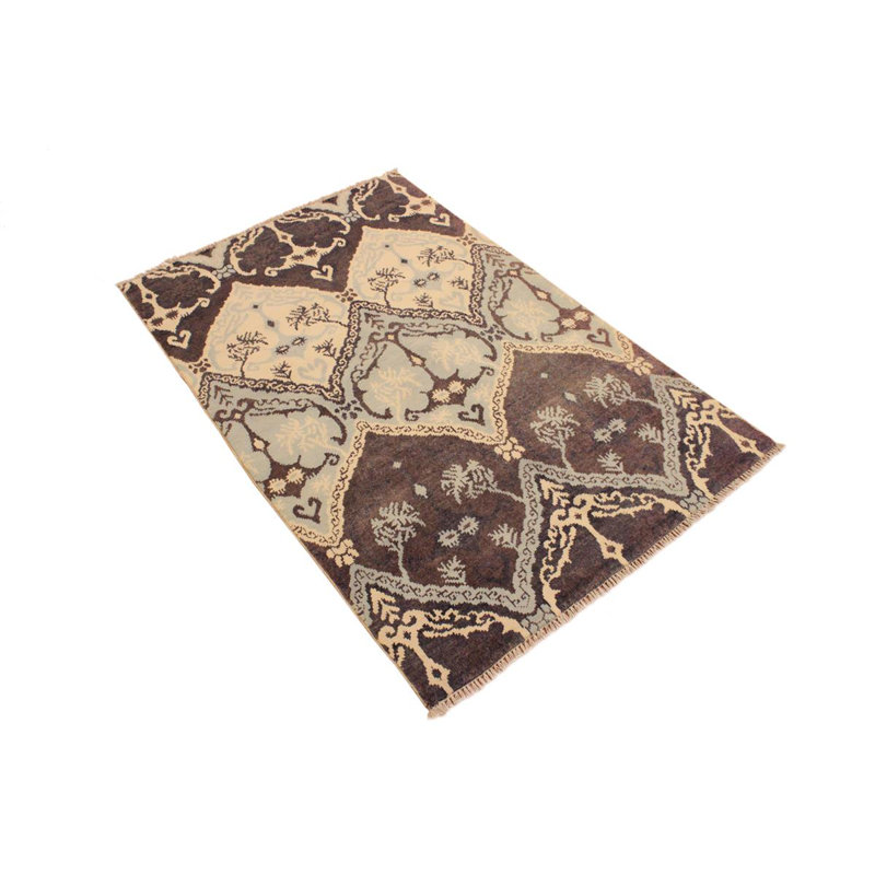 Tapis ivoire / brun en laine noué à la main à motif floral 4 pi x 6 pi Floral