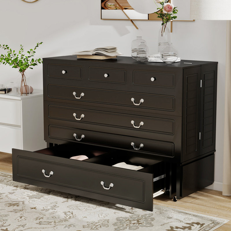 Queen Murphy Storage Bed With Drawer, Murphy Cabinet Bed With Shelves, Without Mattress, Black