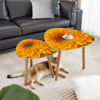 Triangle Nesting Coffee Table Set of 2 Close up Yellow Sunflower Petals End Table Modern Minimalist Side Table Set for Living Room Bedroom