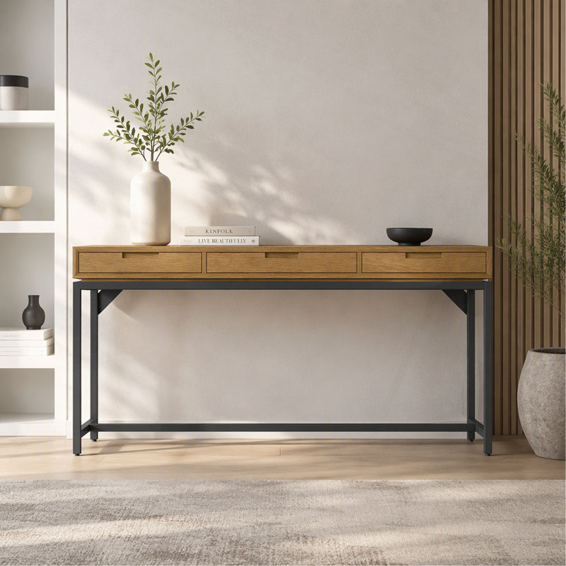 Bureau large Argyle de style Mid-Century en bois massif plaqué chêne, 183 cm de large