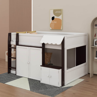 Full Size Loft Bed With Playhouse & Storage Units, Wooden Cabin-Style Loft Bed Frame With Ladder, Storage Cupboard, And Shelving