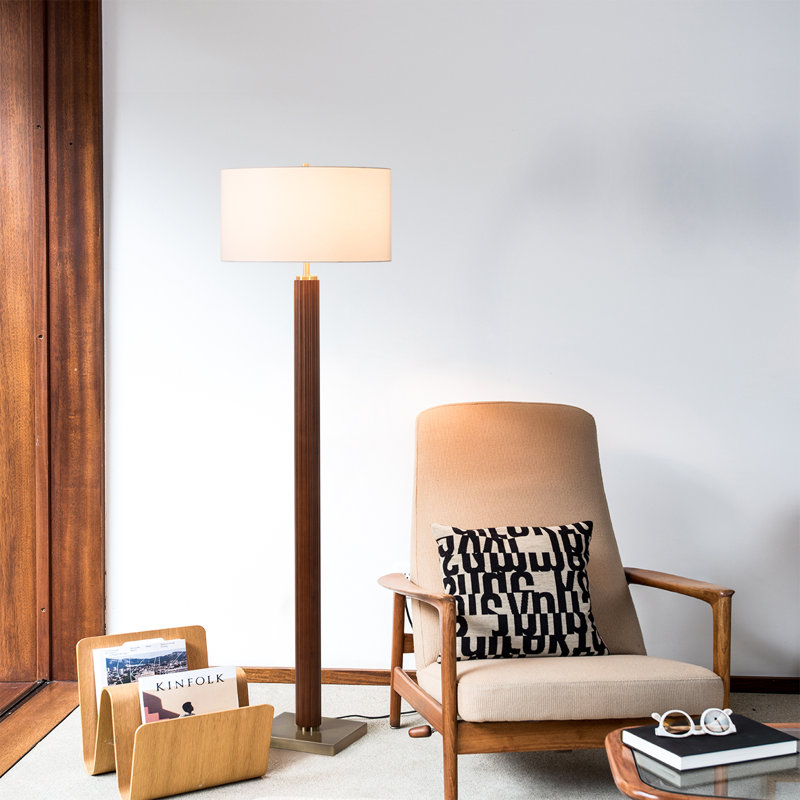 Dark Walnut and Brass Floor Lamp with White Linen Shade
