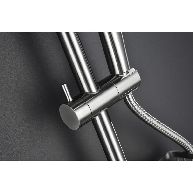 Collection de douche en nickel brossé avec pomme de douche à effet de pluie de 10 po, douche à 4 poignées, barre coulissante ajustable et porte-savon simulé