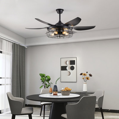 52" Modern Black Ceiling Fan with Light, 6 Fan Blades and Industrial Cage Design, Adjustable Speed for Living Room, Bedroom, Dining Room (Silent/6-Speed/Reversible/DC Motor) (Bulb Not Included)