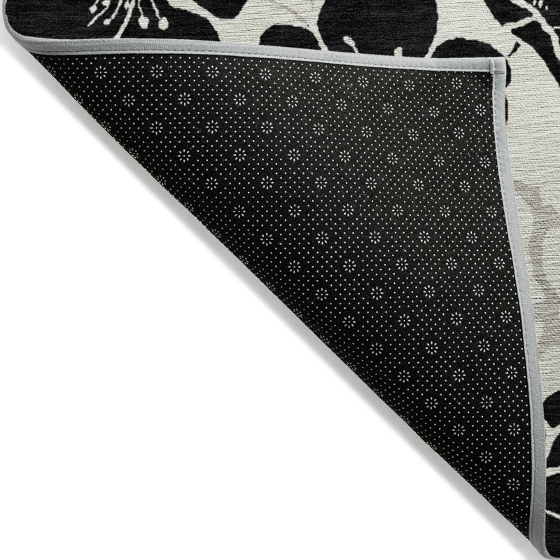 Ivory and Black Floral Synthetic Washable Rectangular Rug