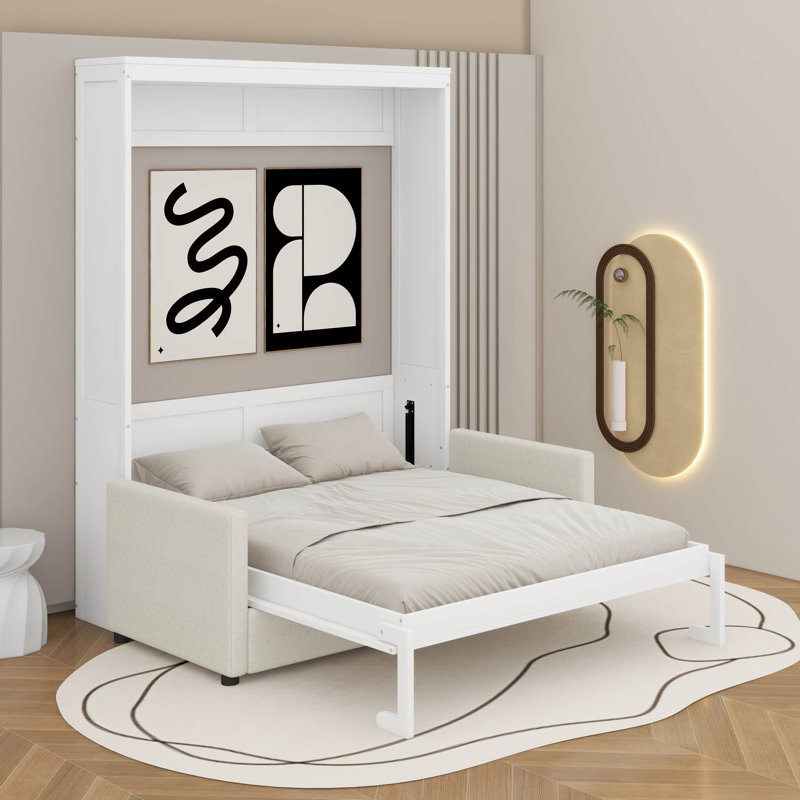 Lit escamotable double pleine grandeur avec coussin, Lit double, Blanc