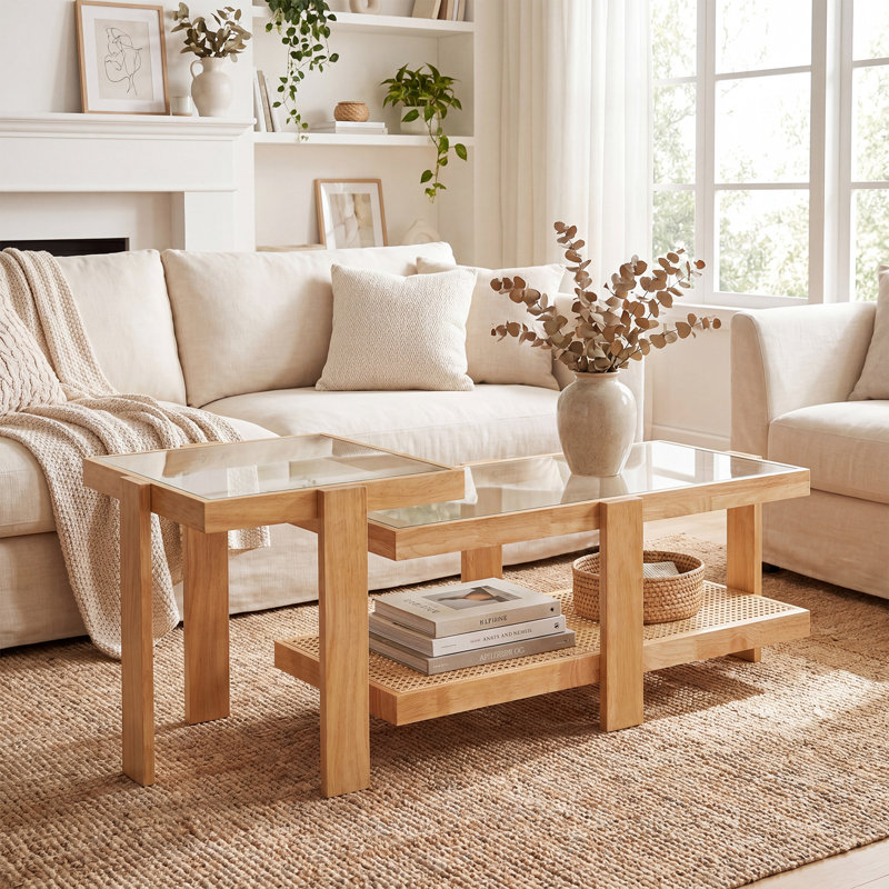 Ensemble de 2 tables basses gigognes en rotin Boho avec plateau en verre trempé naturel