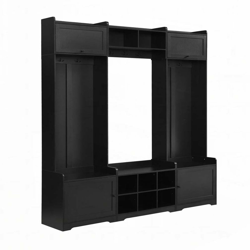 79.1"Wide Modern Hall Tree with Shoe Storage, 8 Cubbies, 7 Coat Hooks & Adjustable Shelf, Black