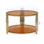 Table basse moderne en verre brun, métal asymétrique, base cylindrique en métal, finition dorée et tablette inférieure