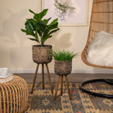 Handwoven Bamboo and Pine Wood Planters with Tripod Base, Decorative Woven Design, Durable Construction, Set of 3