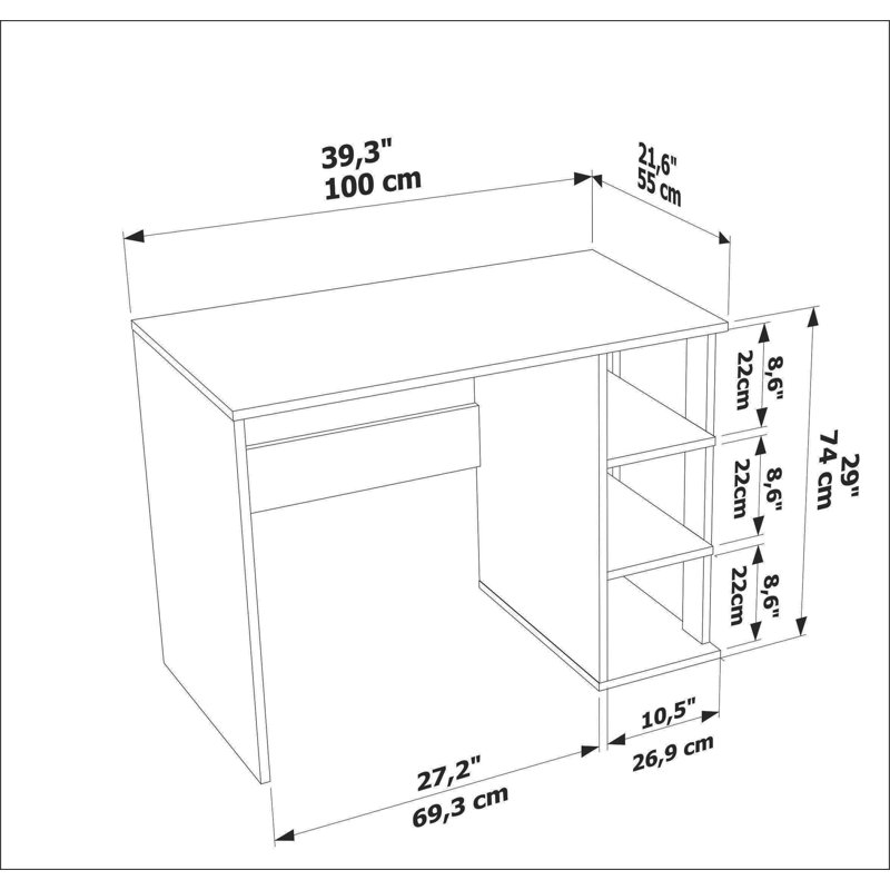 Polina 100Cm W Computer Desk with Open Storage, Brown/White