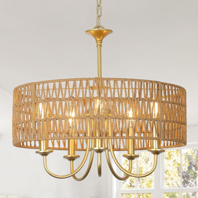 Lustre de style campagne moderne avec abat-jour en rotin tissé à la main, luminaire suspendu doré réglable à 5 lumières pour la salle à manger, le salon, l'îlot de cuisine et la chambre à coucher