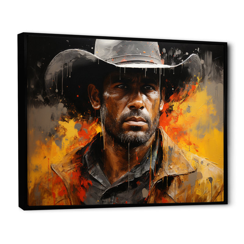 Western Cowboy Pointillism Portrait II - reproduction sur toile, 24" H x 32" W, Cadre flottant noir