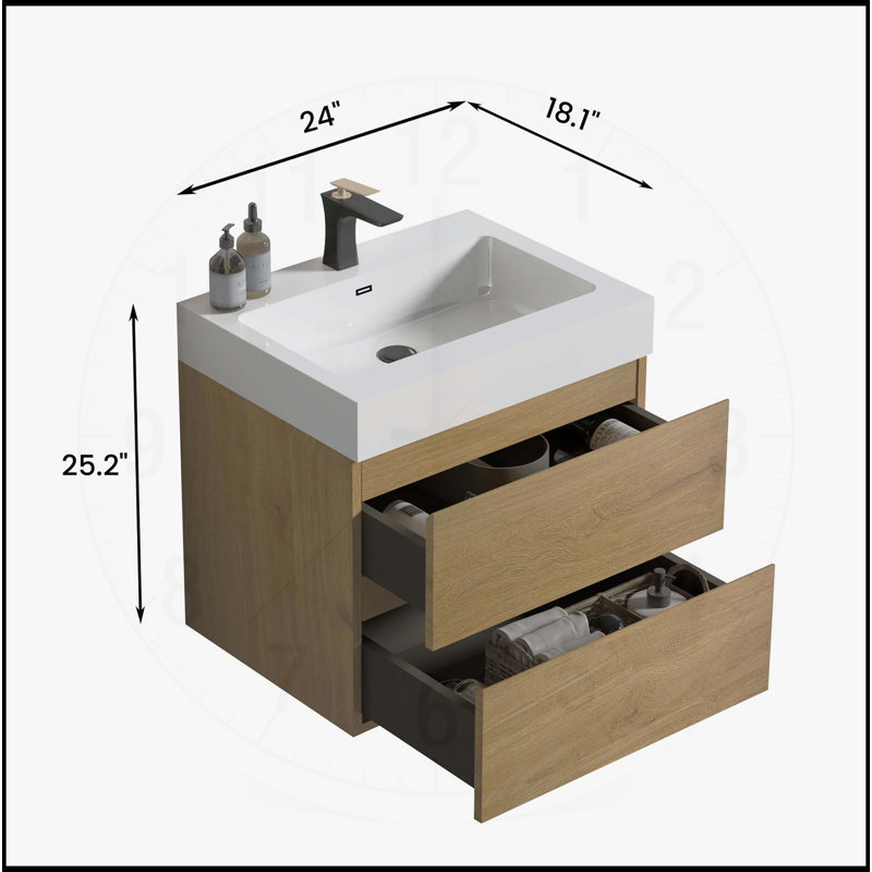 Meuble-lavabo pour salle de bain moderne avec lavabo noir, fixé au mur et flottant, Chêne, 24"