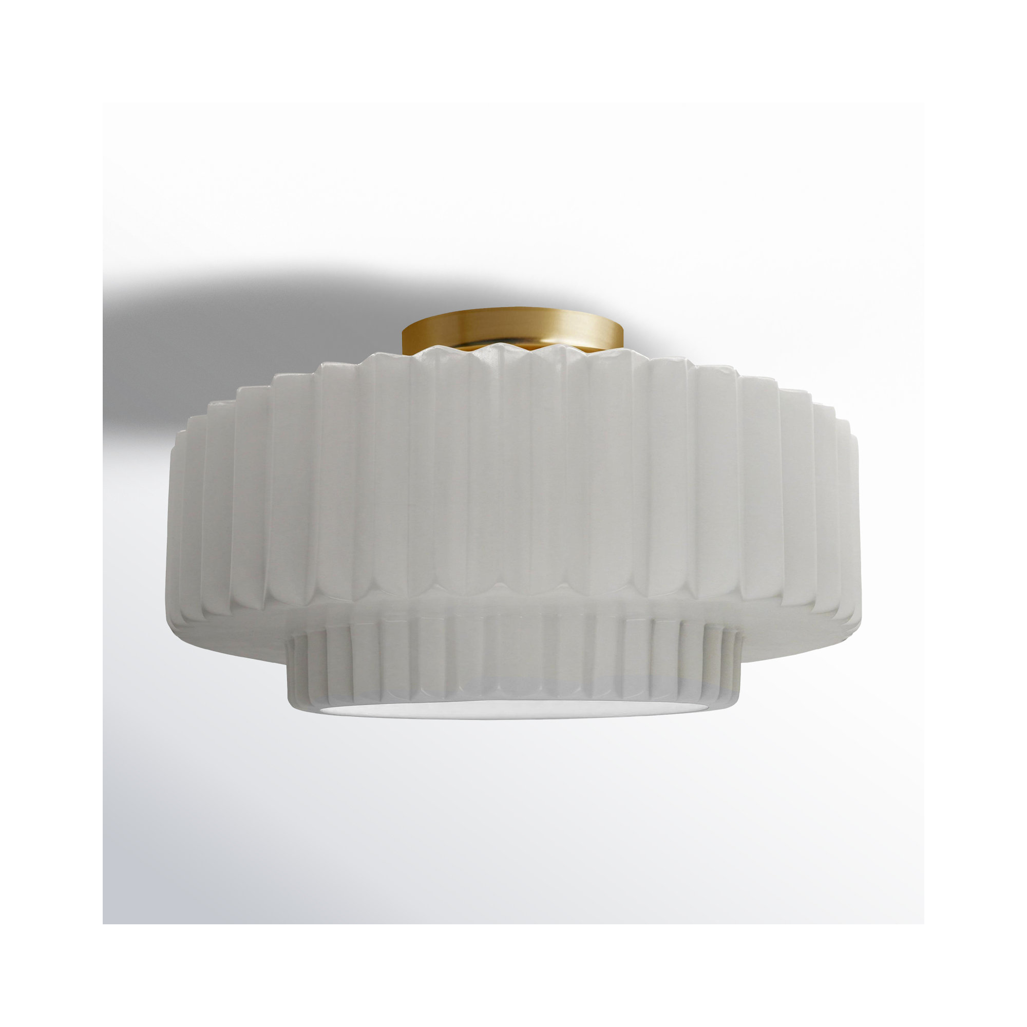 Single Light Ceramic LED Semi Flush Mount, 7.25" H x 14.5" W x 14.5" D, Bisque, Brushed Brass