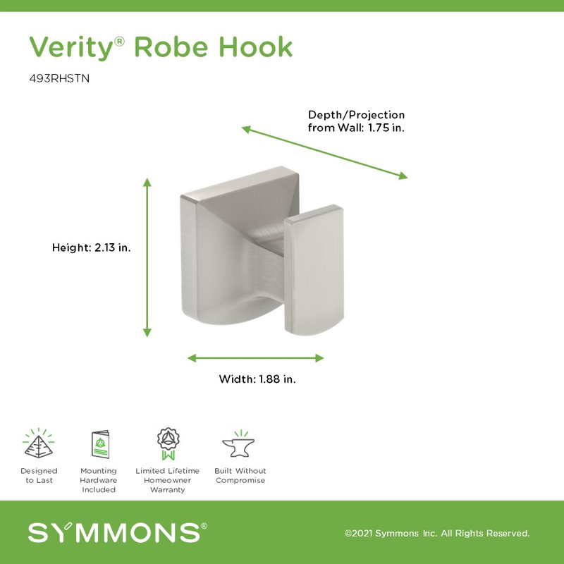 Verity Wall Mounted Robe Hook, Satin Nickel
