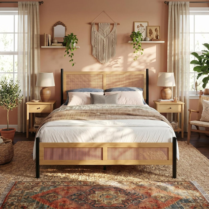Cadre de lit avec tête de lit, cadre de lit double avec tête de lit et pied de lit en osier tressé à la main, cadre de lit double moderne Mid Century, lattes en bois, aucun sommier nécessaire