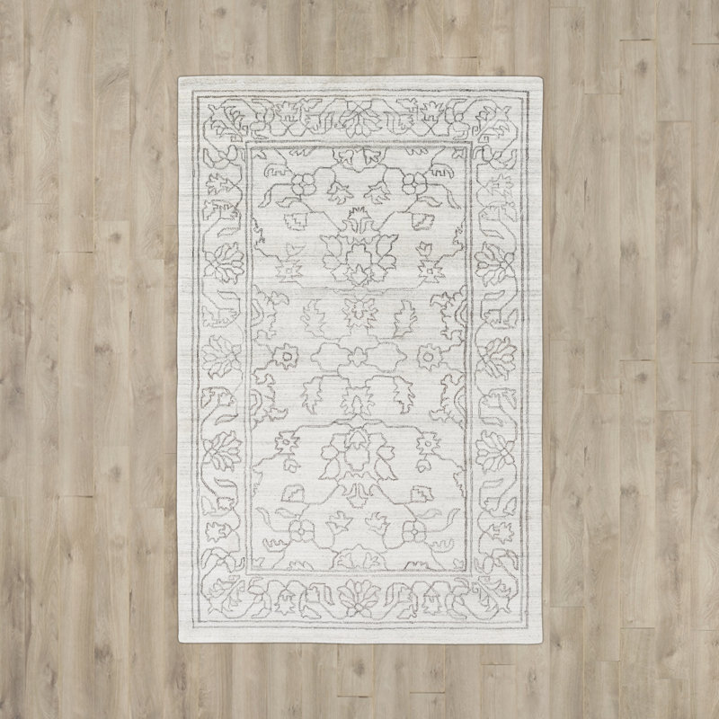 Tapis oriental en coton / soie gris / ivoire Mann, Rectangle 8 pi x 10 pi