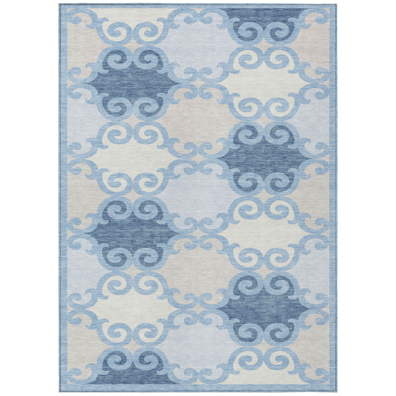 Tapis extérieur lavable à motif de treillis bleu ciel et ivoire 5 pi x 8 pi
