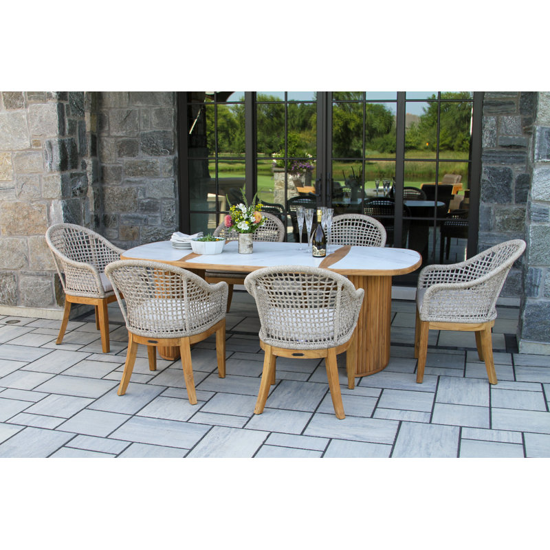 Cava 7 Pc. Teak & Nautical Rope Oval Dining Set With Monte Bianco Stone Top, White