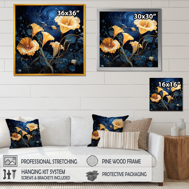 Starry Night Morning Glory Flower 4 - Morning Glory, art mural, Cadre simple argenté, H 36 po x l 36 po x P 1,5 po
