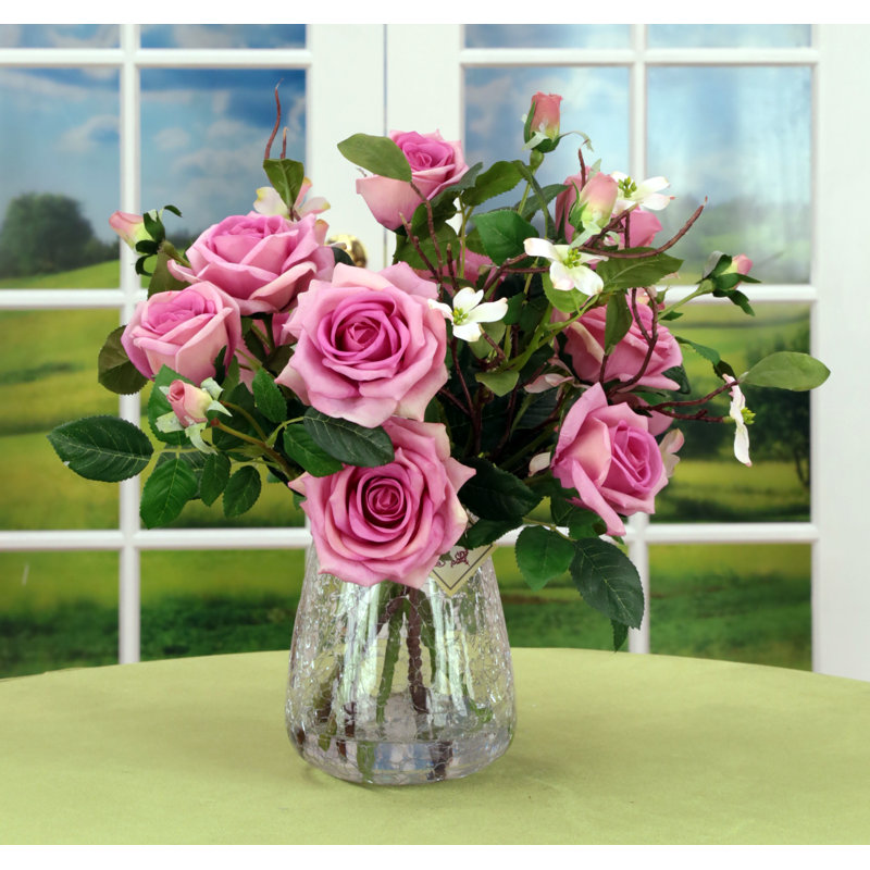 Roses In Crackle Vase - 17 Inches, Blush