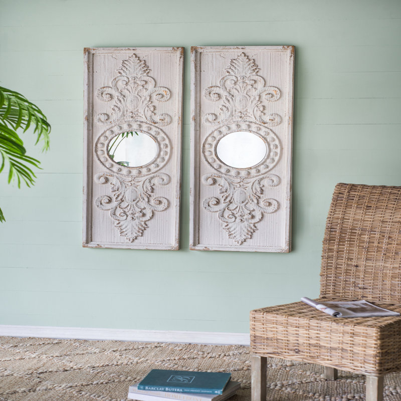 Ensemble de 2 grands panneaux d'art mural en bois avec finition blanche patinée et décorations de miroir rond, 17 po x 48 po