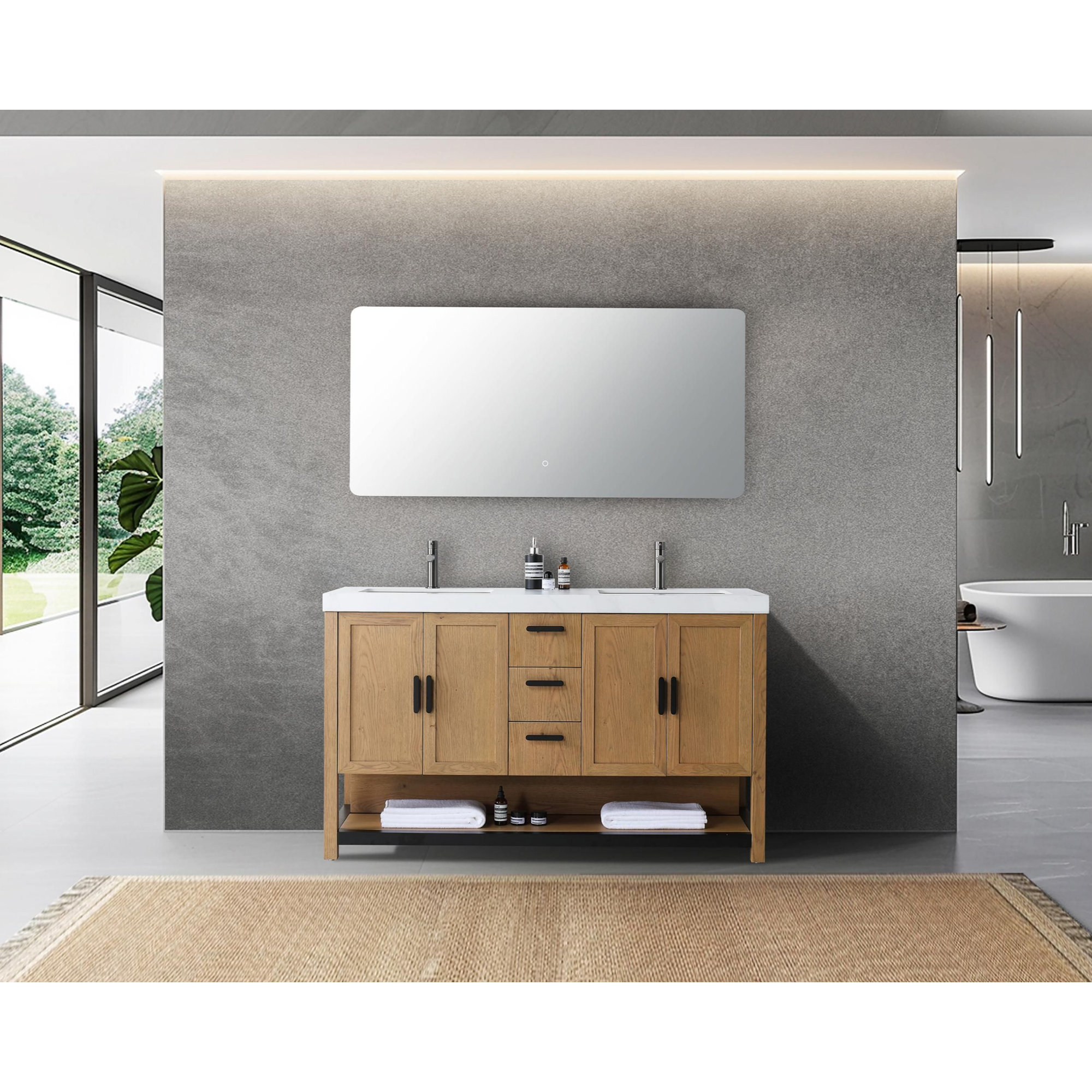 Willard 60" Veneer Plywood Bathroom Vanity with Engineered Quartz Top, Pecan Oak, White