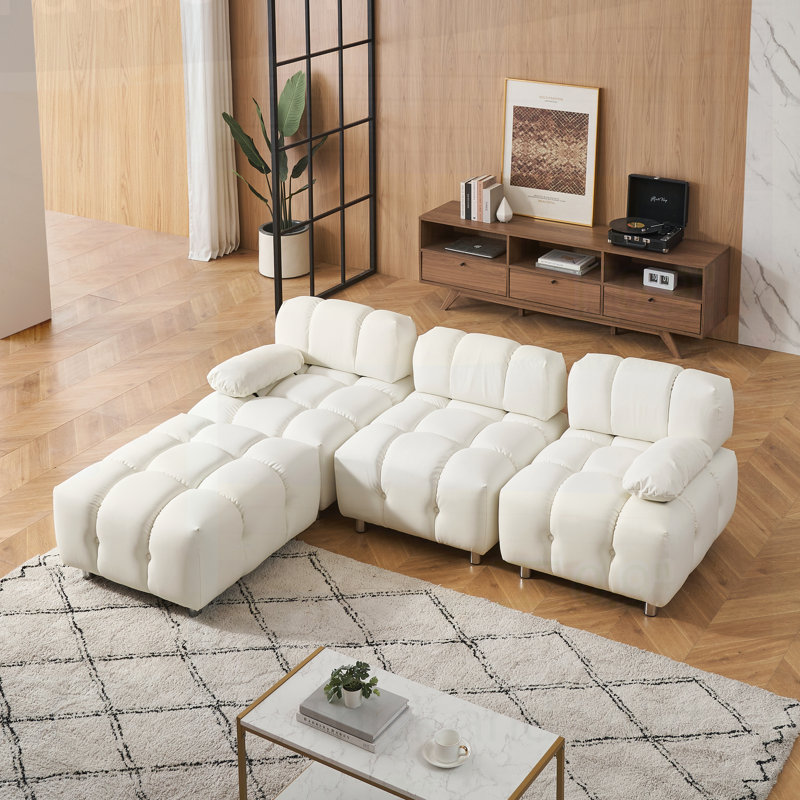 Tufted Upholstered Sofa, White Leather, 27.56" H x  90.6" W x 33.5" D