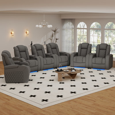 Siège de jeu pour fauteuil de cinéma inclinable électrique en cuir fleur avec plateau de chargement USB et porte-gobelets (ensemble de 6)