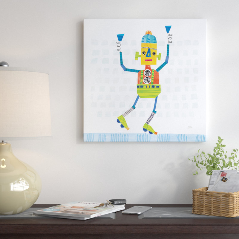 « robot party i » par melissa averinos, peinture sur toile, H 18 po x l 18 po x P 1,5 po, Pas de tapis, Toile tendue