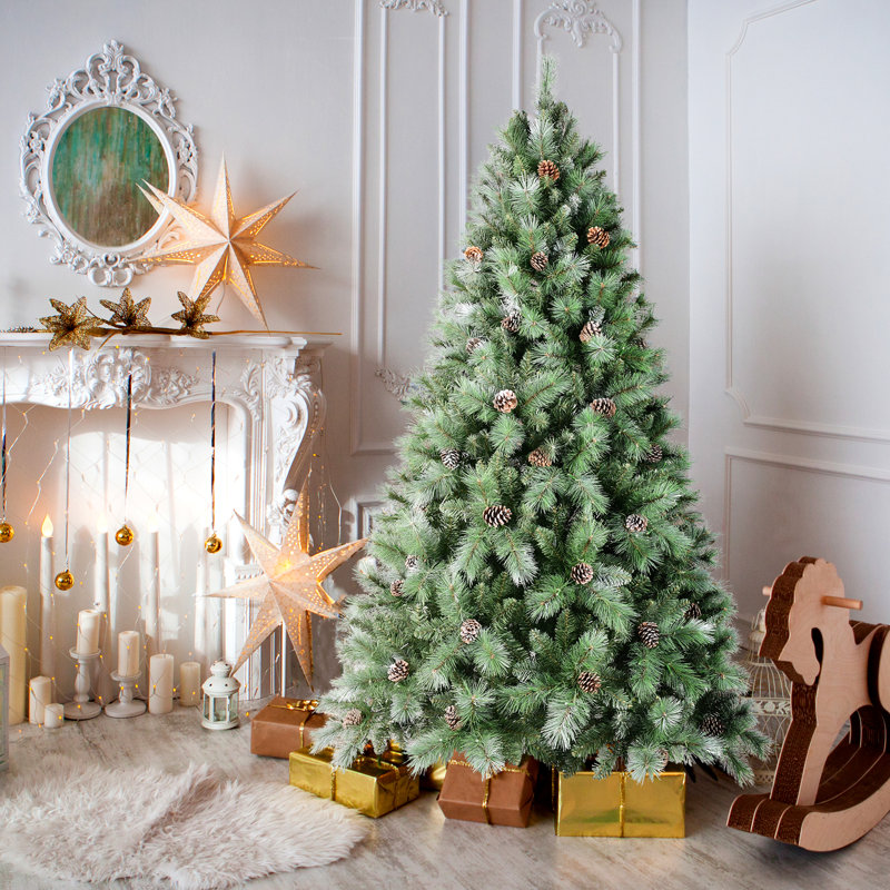  Arbre de Noël artificiel en pin givré de qualité supérieure avec pommes de pin et aiguilles, 8'