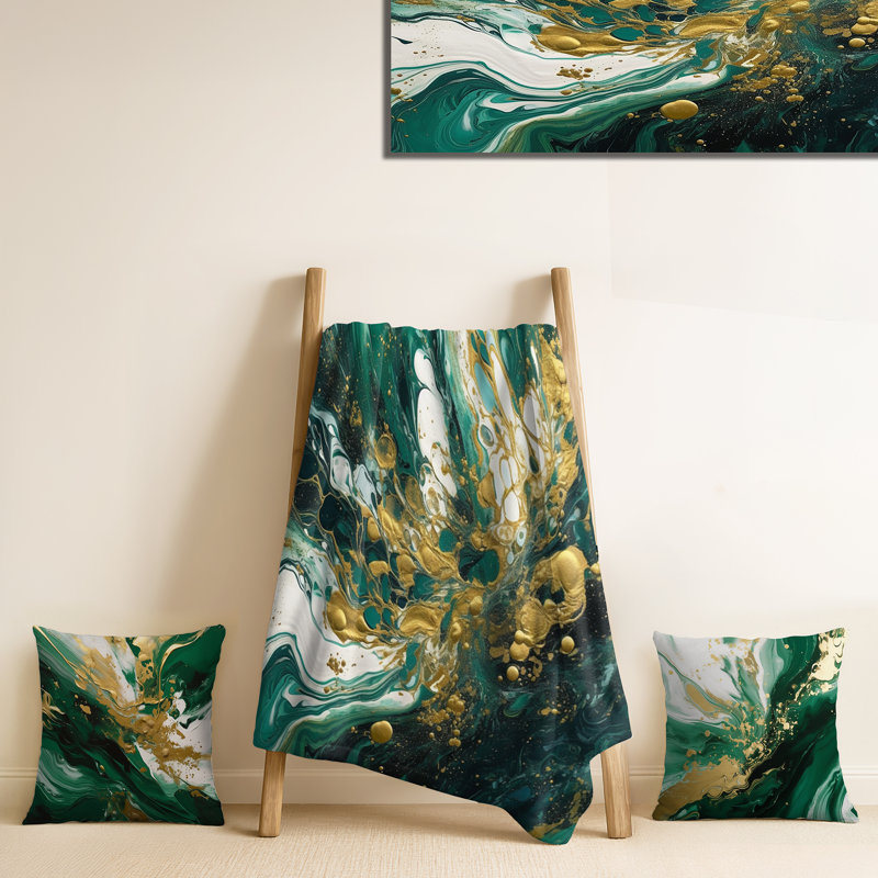 Jeté vert et or Serene Cascade I - Abstrait décoratif, Blanket only (1 piece)