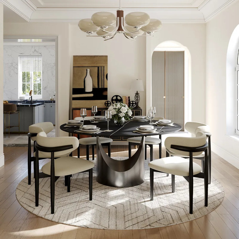 Table de salle à manger moderne en pierre frittée moderne avec base piédestal, H 29,5 po x L 59 po x l 59 po, Noir, Gris