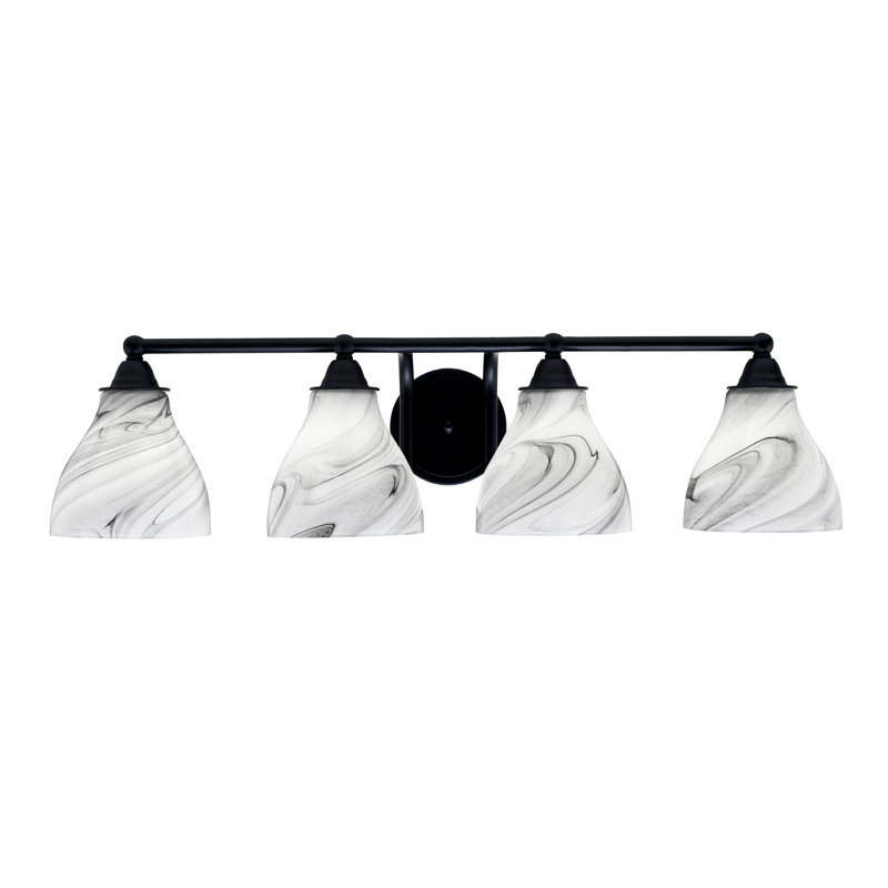 Barre d'éclairage de salle de bain 4 lumières Aribeth au fini noir mat avec verre de 6,25 po, Blanc / Gris