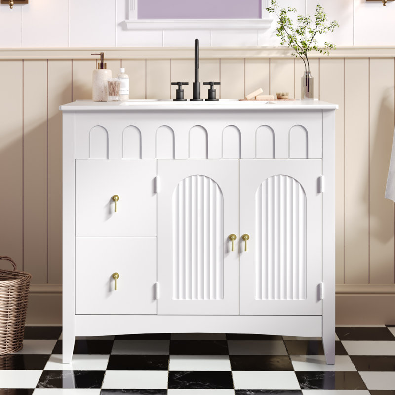 Meuble-lavabo de 91 cm avec lavabo, meuble de salle de bain moderne sur pied avec 2 tiroirs et portes doubles, lavabo simple blanc encastré, meuble sous-vasque