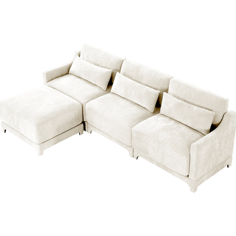 Chenille à trois places en beige, deux repose-pieds mobiles, revêtement dense, soutien lombaire confortable, conception modulaire pour des sièges personnalisables, toucher doux, tissu beige, haute résistance