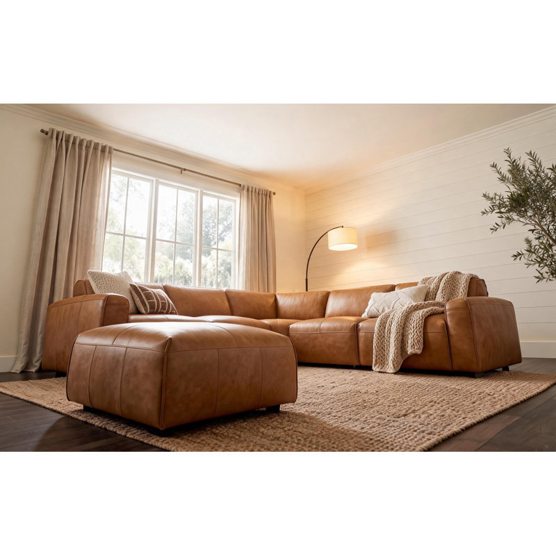 Canapé modulaire en cuir fleur Fernagh, Cuir à équipement véritable brun