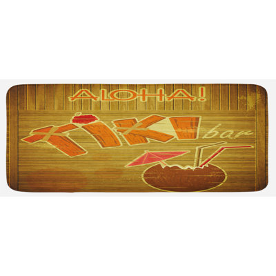 Tapis de cuisine en bois planches au mur avec tiki de bar avec style cocktail hibiscus aloha brun orange rose